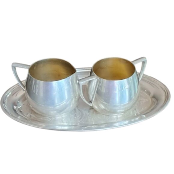 Empire Crafts Quadruple Plate Silver Cream Sugar and Engraved Tray MCM Vintage - Picture 4 of 6